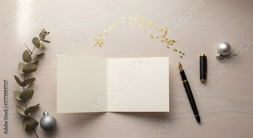 Elegant stationery mockup featuring a blank card, pen, eucalyptus branch, and ornaments on a light wooden surface, perfect for personalized messages