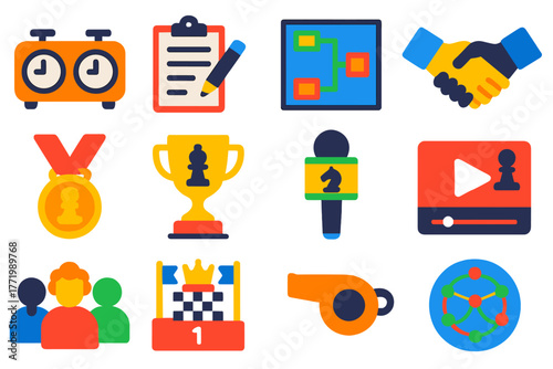 Chess Tournament Icons. Flat vector icons of chess tournaments: chess clock, score sheet, tournament table, player handshake,