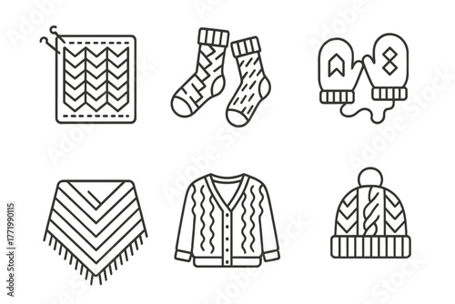 Knitting Project Icons. Line style icons of knitting projects: baby blanket, socks, mittens, shawl, cardigan, beanie. No text, No