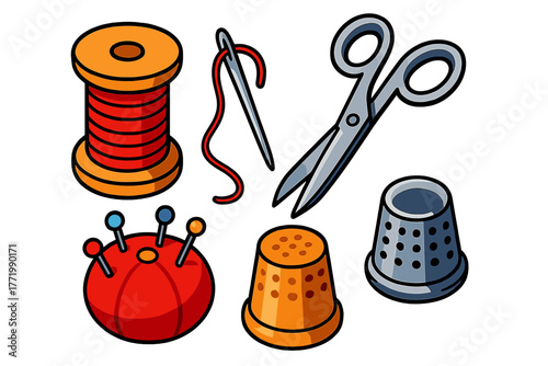 Sewing Tools Icons. Isometric vector illustration set Sewing Tools: sharp needle, red thread, wooden spool, metal scissors,