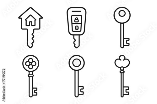 Variety of Keys. Line style icons of key types: house key, car key, skeleton key, master key, tubular key, antique key. No text,