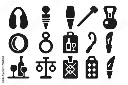 Wine Accessory Icons. Solid style icons of wine accessories: foil cutter, bottle stopper, aerator, wine thermometer, drip ring,