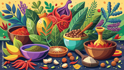 Very beautiful artistic composition of colorful spices and Mediterranean herbs, arranged creatively as a background for cooking, gastronomy, and food blogs, symbolizing flavor, aroma, and culinary ins