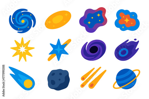 Celestial Icons Collection. Flat vector icons of celestial objects: spiral galaxy, elliptical galaxy, irregular galaxy, colorful