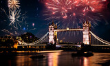 tower bridge with fireworks, celebration of the New Year in London, UK