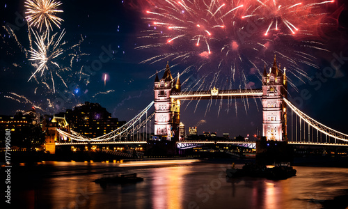 Photography tower bridge with fireworks, celebration of the New Year in London, UK