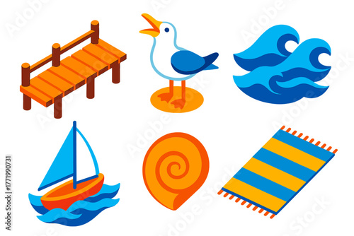 Ocean Breeze Icons. Isometric vector illustration set Ocean Breeze: fishing pier, calling seagull, blue waves, spiral shell,