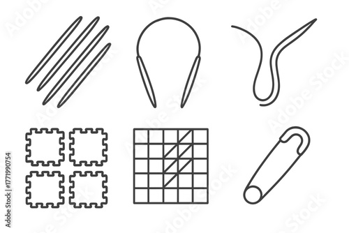 Advanced Knitting Tools. Line style icons of advanced knitting: double-pointed needles, circular needles, cable needle, blocking