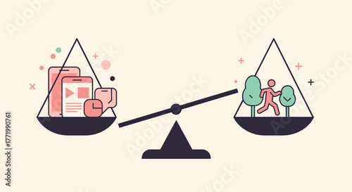 This illustration depicts a balance scale, contrasting digital screen time and online communication with outdoor activities and nature for a healthy life.