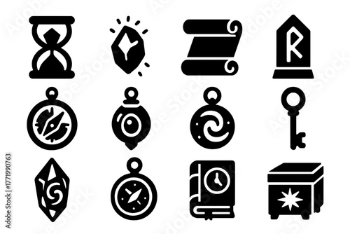 Temporal Artifacts Icons. Solid style icons of temporal artifacts: crystal hourglass, glowing stone, ancient scroll, rune tablet,