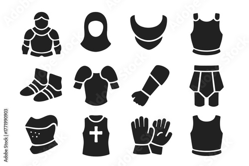 Knight Armor Icons. Solid style icons of knight armor: full plate, chainmail hood, gorget, cuirass, sabatons, pauldrons, vambrace,