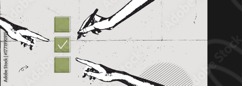 Trendy Halftone Collage Hand with pen and check list. Organized task processing. Project plan. Quality assurance control. Completed to do list banner. Contemporary vector illustration art