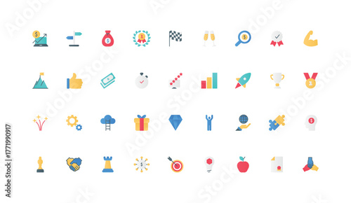 Success goal achievement, award and first place cup, business competition, leadership color icon set. Career development of leader, flag on mountain, job rank flat elements vector illustration
