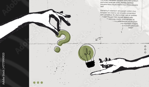 Trendy Halftone Stipple effect Problem solving concept. Two hands hold lightbulb and question mark. Creative mind or brainstorm. Business solution. Ask for reply. Retro vintage vector illustration art