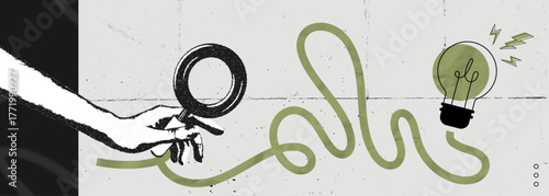 Trendy Halftone Stipple effect Search idea. Hand holding magnifying glass with lightbulb. Creative vision and thinking. Find target. Business insights and solutions. Vintage vector illustration art