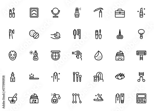 Beauty icon set. Vector illustration pack. Includes ymbols for lip gloss, mascra, blush, perfume, razor,hair dryer, skincare and mre. Editable stroke.