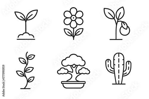 Line Style Horticulture Icons. Line style icons of horticulture plants: young sapling, ornamental flower, fruit sapling, climbing