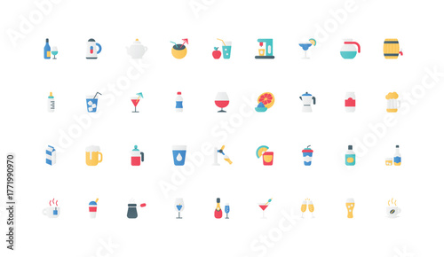 Hot and cold drinks of bar and cafe menu, tea with steam and coffee break color icon set. Beverages in bottle and takeaway cup, soda water can and juice, alcohol flat elements vector illustration