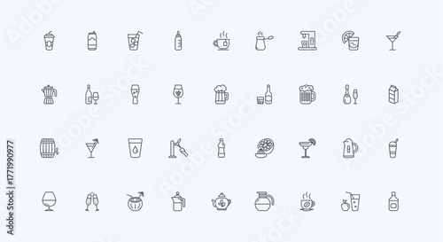 Water bottle and glass with ice cubes, wine and beer, coffee thin black outline symbols vector illustration. Hot and cold drinks for healthy lifestyle, alcohol bar menu for party line icon set