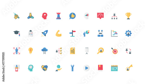 Mentoring, professional skills development and training, transfer knowledge for corporate career growth color icon set. Mentor advice and approach, handshake flat elements vector illustration