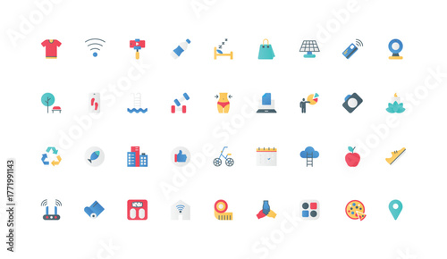 Modern healthy lifestyle, daily life in big city color icon set. Food diet and active sport, sleep and rest meditation, apps for weight control and health care flat elements vector illustration