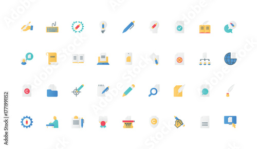 Creative content creation, storytelling, tools of author to write text of article and blog post, publication in social media color icon set. Pen and pencil, document flat elements vector illustration