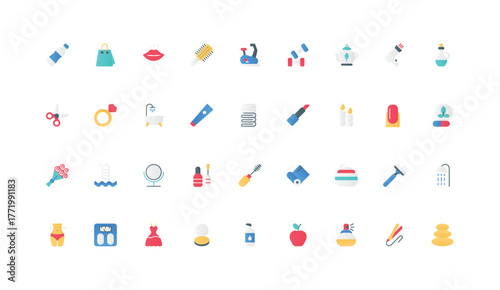 Cosmetics and hygiene, sports and yoga for body care and wellbeing, beauty and spa stones color icon set. Cardio training, tea and aroma candles for aromatherapy flat elements vector illustration