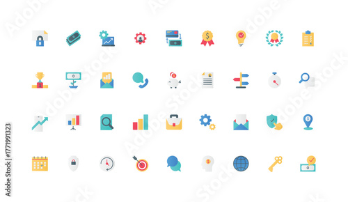 Efficiency and productivity of corporate leader, skills of ambitious manager color icon set. Direction of development, key to solving problems, efficient process flat elements vector illustration