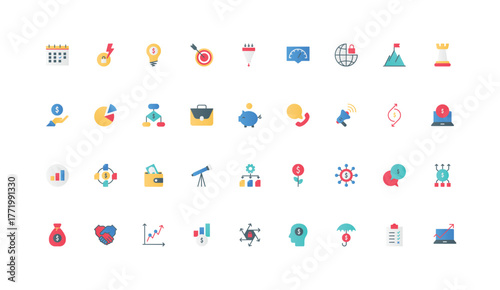 Development strategy for enterprise, startup project, corporate company color icon set. Financial analytics and time management, profit growth, risk insurance flat elements vector illustration