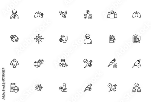Coronavirus icon set. Vector illustration. Includes ymbols for mask, virus, vacine, social distancing, lng, medical lab, spread an more. Editable stroke.