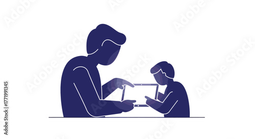 A parent or guardian patiently teaches a young child how to use a digital tablet, fostering early technological literacy and shared learning experiences.