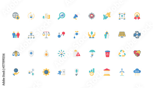 ESG criterias, Environmental, social, and governance, corporate ethics and society strategy color icon set. Ecology protection, sustainable technology, responsibility flat elements vector illustration