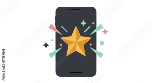 A smartphone displaying a golden star surrounded by celebratory geometric shapes, symbolizing top-tier achievement and excellent user experience.
