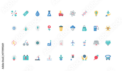 Sustainability, environmental protection with zero waste, green energy, renewable and eco friendly technology color icon set. Sustainable industry development flat elements vector illustration
