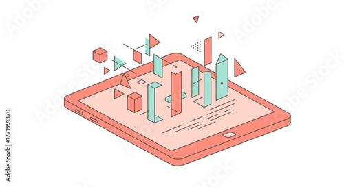 A modern digital tablet showcases an immersive augmented reality experience, with abstract geometric shapes dynamically emerging from its screen, symbolizing interactive technology.