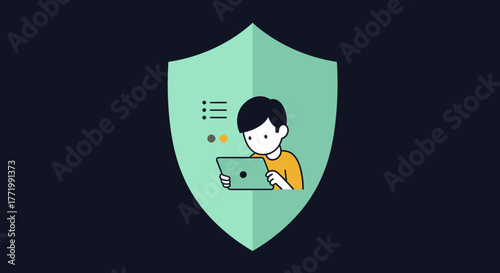 A conceptual illustration portrays a young child responsibly engaging with a digital tablet, within a protective shield, highlighting online safety and data privacy.