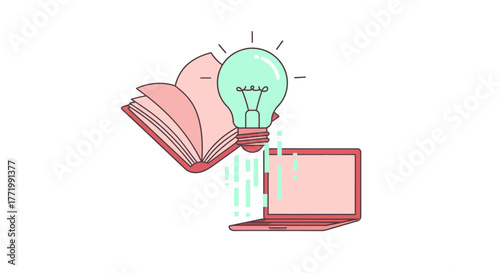 This clean illustration features an open book, a glowing light bulb, and a laptop, representing the powerful synergy of learning, ideas, and digital solutions.