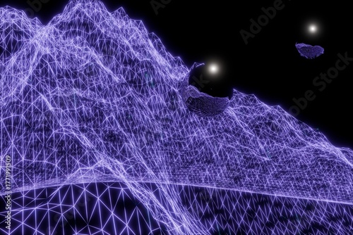 3d render of glowing mesh and glossy spheres