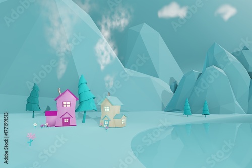 3d render of pastel blue village and low polly mountains