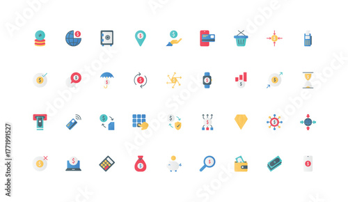 Financial transaction, exchange and payment via banking app, POS terminal, cash in wallet color icon set. Money withdraw and audit, electronic wallet, financial risk flat elements vector illustration