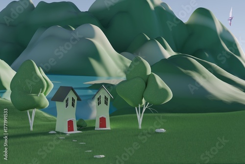 3d render of low polly houses and trees by lake with crystal birds