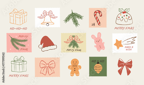 Set of vintage hand-drawn Christmas postage stamps in crayon doodle style:fir branches, ribbons toy, gifts, bows,stars, candy, bell, gingerbread, pudding,Santa’s hat perfect for mail art, scrapbooking