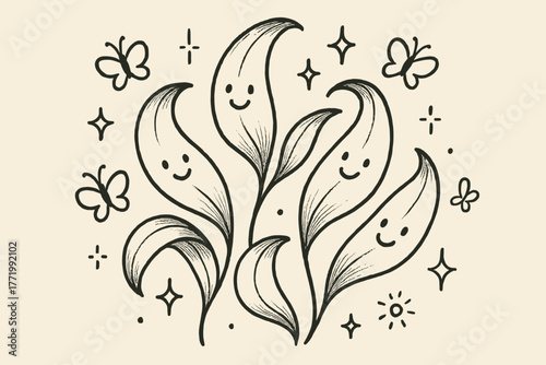 Whimsical Leaf Parade. A doodle illustration of falcate leaves curling like ribbons, each leaf with a cheerful face, surrounded by
