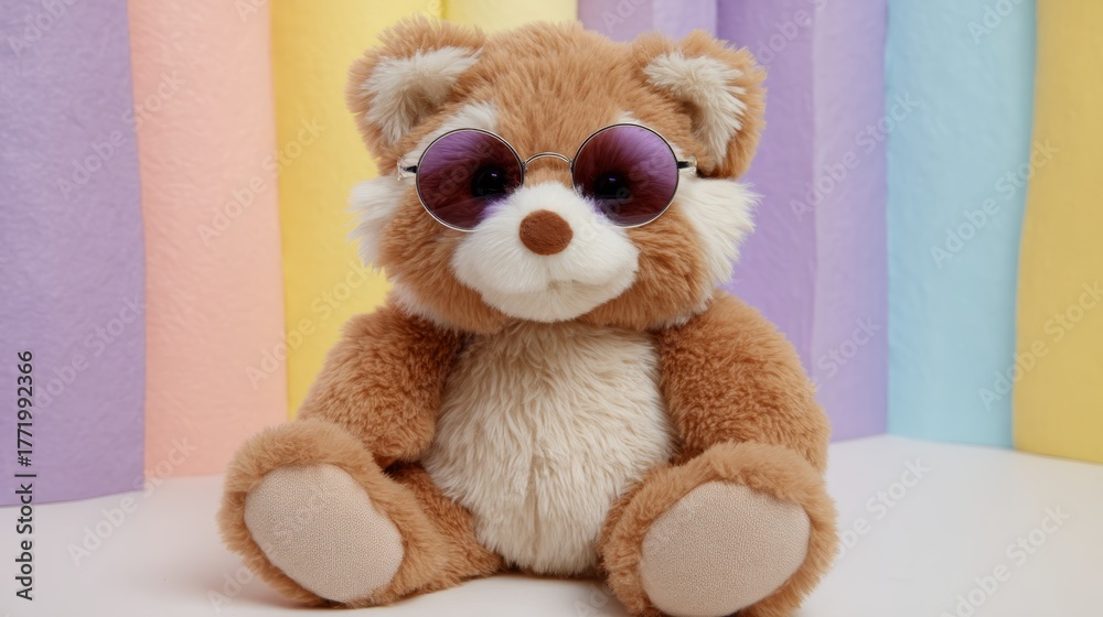 Fototapeta premium Adorable plush raccoon toy with sunglasses and accessories posed playfully against pastel backdrop, capturing a fun and charming scene perfect for children's decor or playful branding