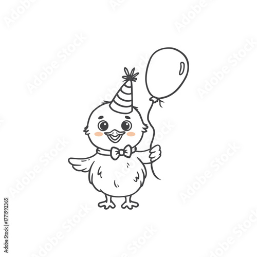 Cute cartoon duck with balloon. Bird in doodle style for greeting card. Happy birthday. Vector illustration