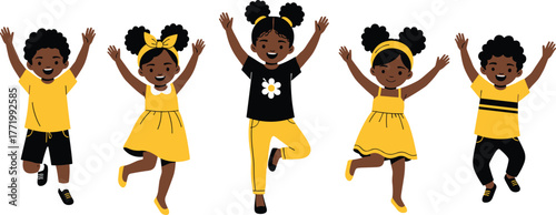 Cheerful Group of African American Kids Jumping: Happy Boys and Girls with Arms Raised, Celebrating Joy and Childhood on White Background