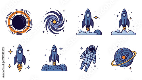 Cosmic exploration and astronomy vector icons collection.