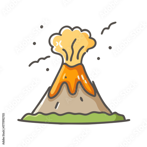 Vector illustration of a cartoon volcano erupting lava and smoke