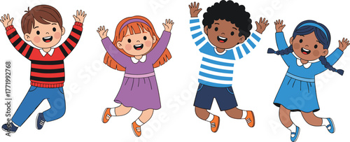 Diverse Group of Happy Multicultural Kids Jumping: Cheerful Boys and Girls with Raised Arms, Celebrating Joy and Childhood on White Background