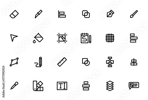 Design tools icon set. Vector illustration. Minimalit design icons pack. Inclues symbols for pen, brush,pencil, ruler, shape, laye, text, align, eraser and ore. Editable stroke.